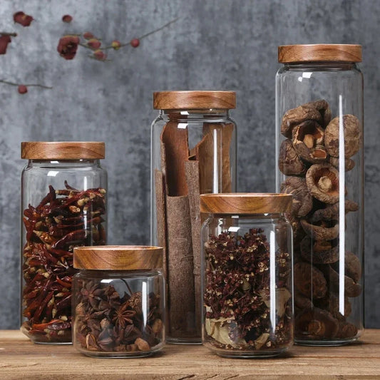 Airtight glass storage jar with wooden lid 