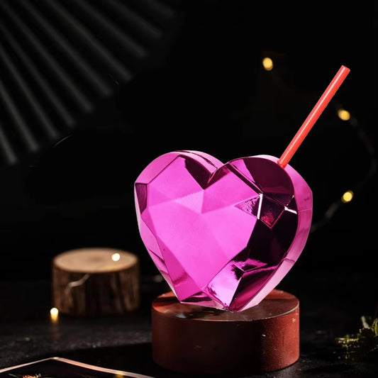 600Ml Heart Shape Straw Cup Electroplating Love Heart Flash Cocktail Cup Flashlight Straw Wine Glass Drinking Cup Birthday Gift